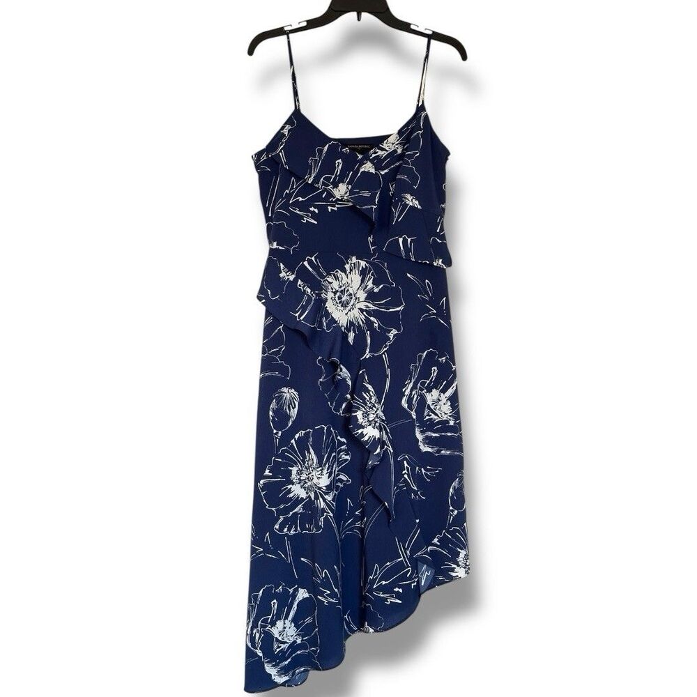 Banana Republic Sleeveless Tiered Asymmetrical Midi Dress Blue Floral Size 8